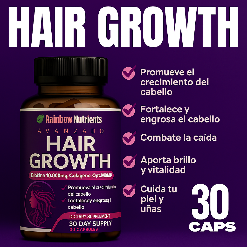 💜 HAIR GROWTH -Sin azúcar- Vitaminas Capilares Premium 30 Cápsulas